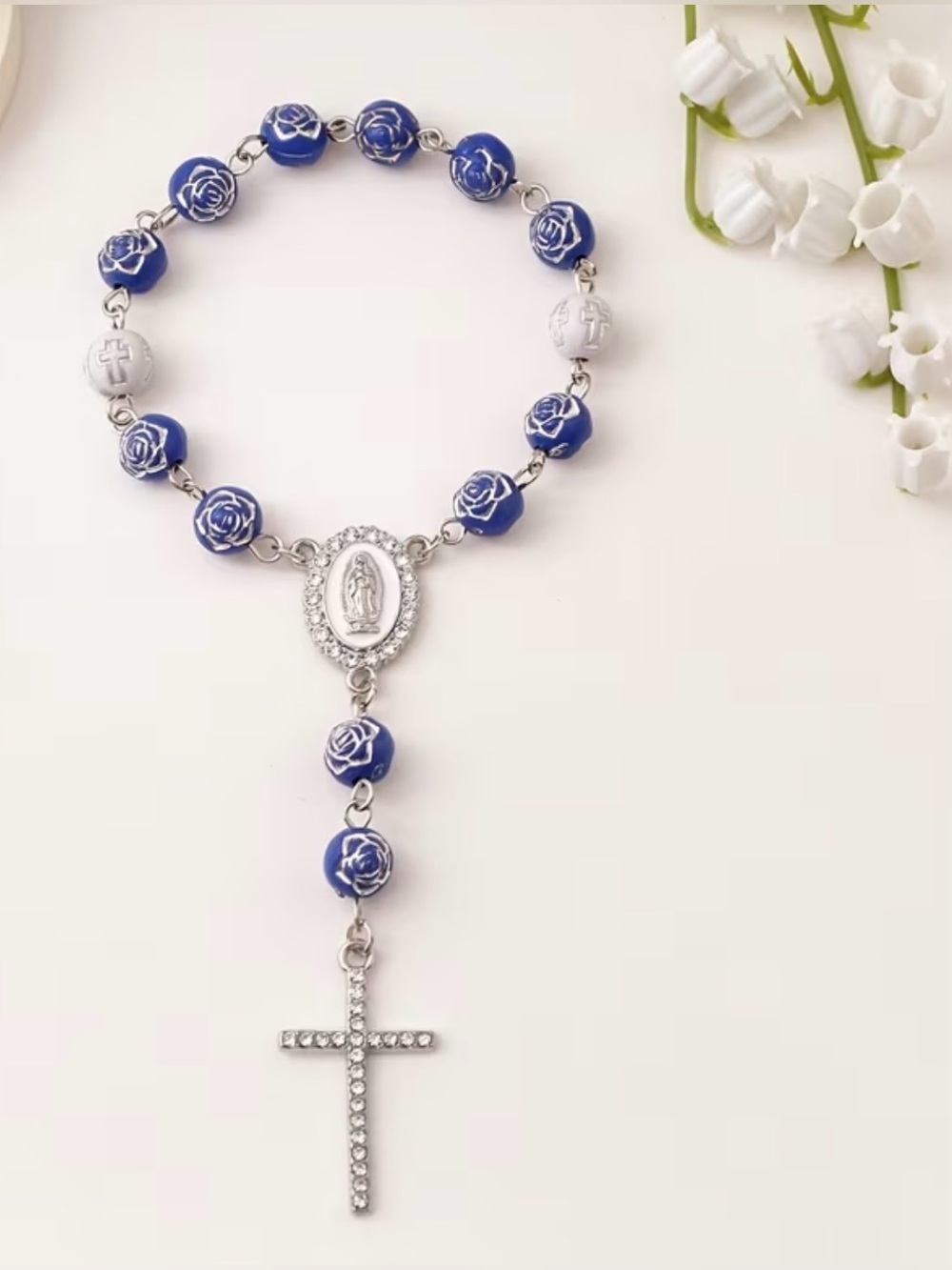Blue Rose Bead Rosary Prayer Bracelet with Crystal Cross